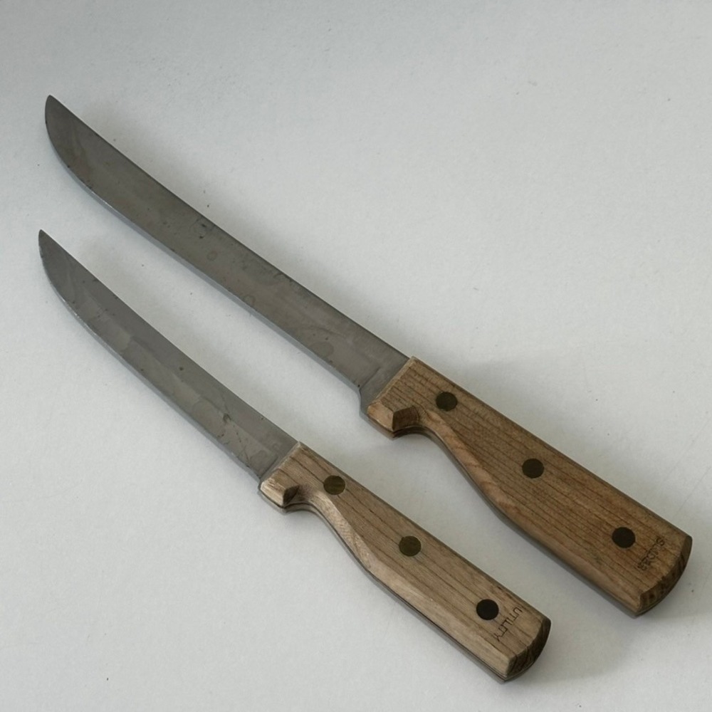 Vintage Knife Set 10 Inch Slicer and Utility Knife Wood Handle Riveted Japan